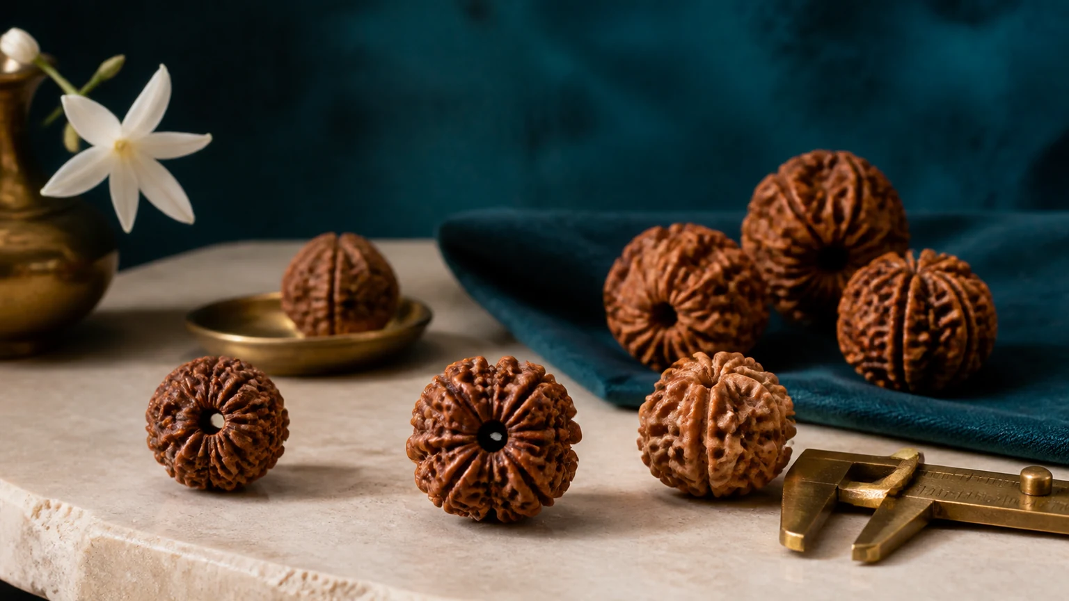 Macro arrangement of rudraksha beads showing longitudinal grooves and natural openings