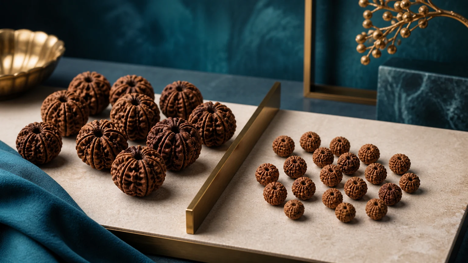Two groups of rudraksha beads with different sizes and textures beside a brass divider