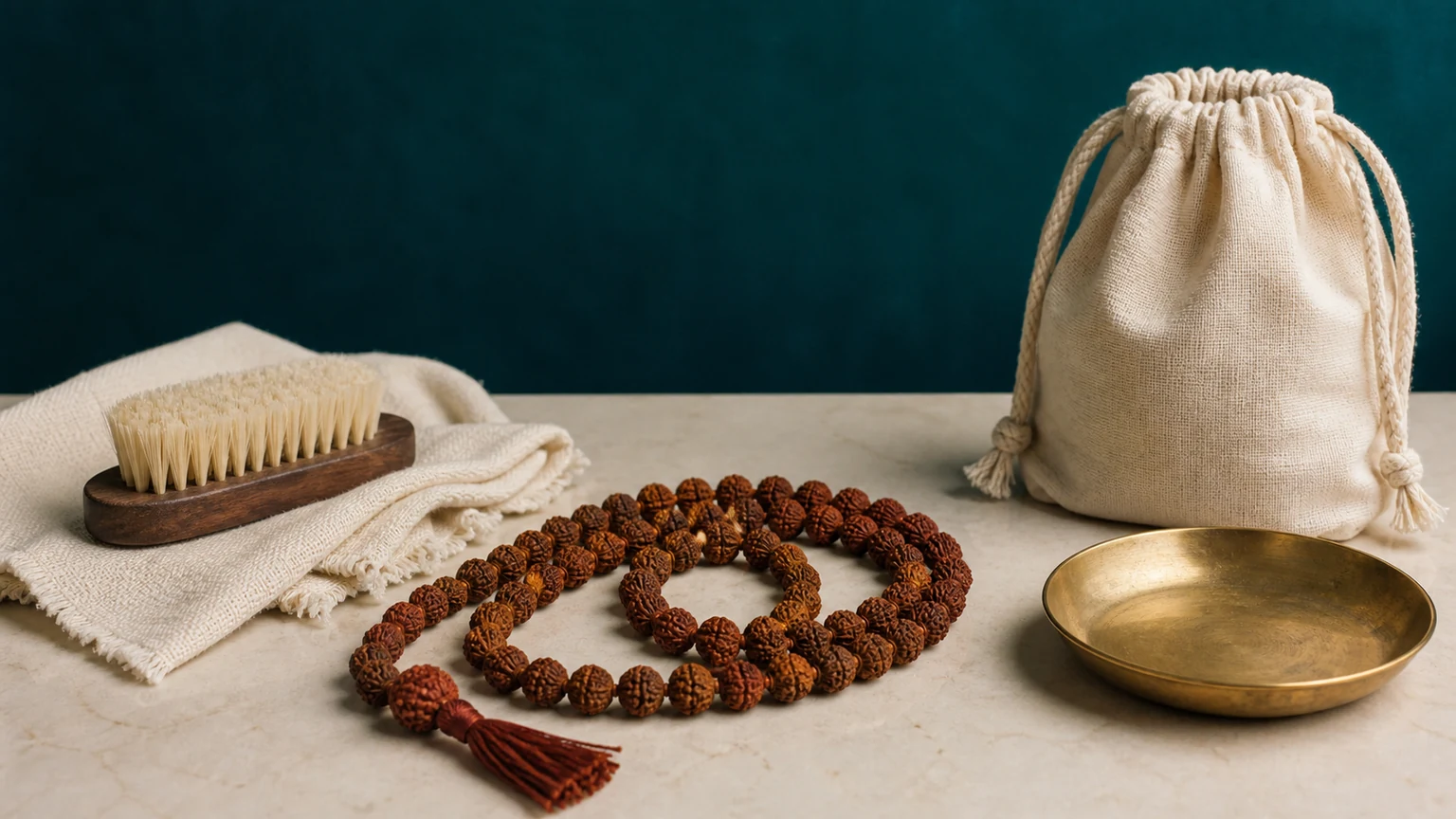 Rudraksha beads beside a soft brush, dry cloth, and breathable care pouch