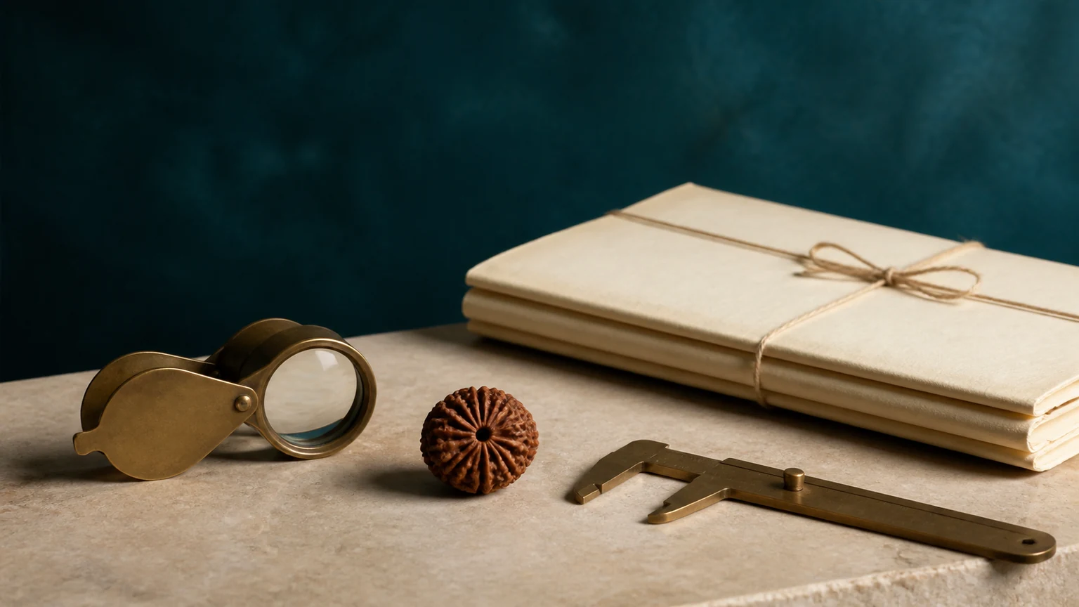 A rudraksha bead, loupe, caliper, and closed unprinted cream dossier