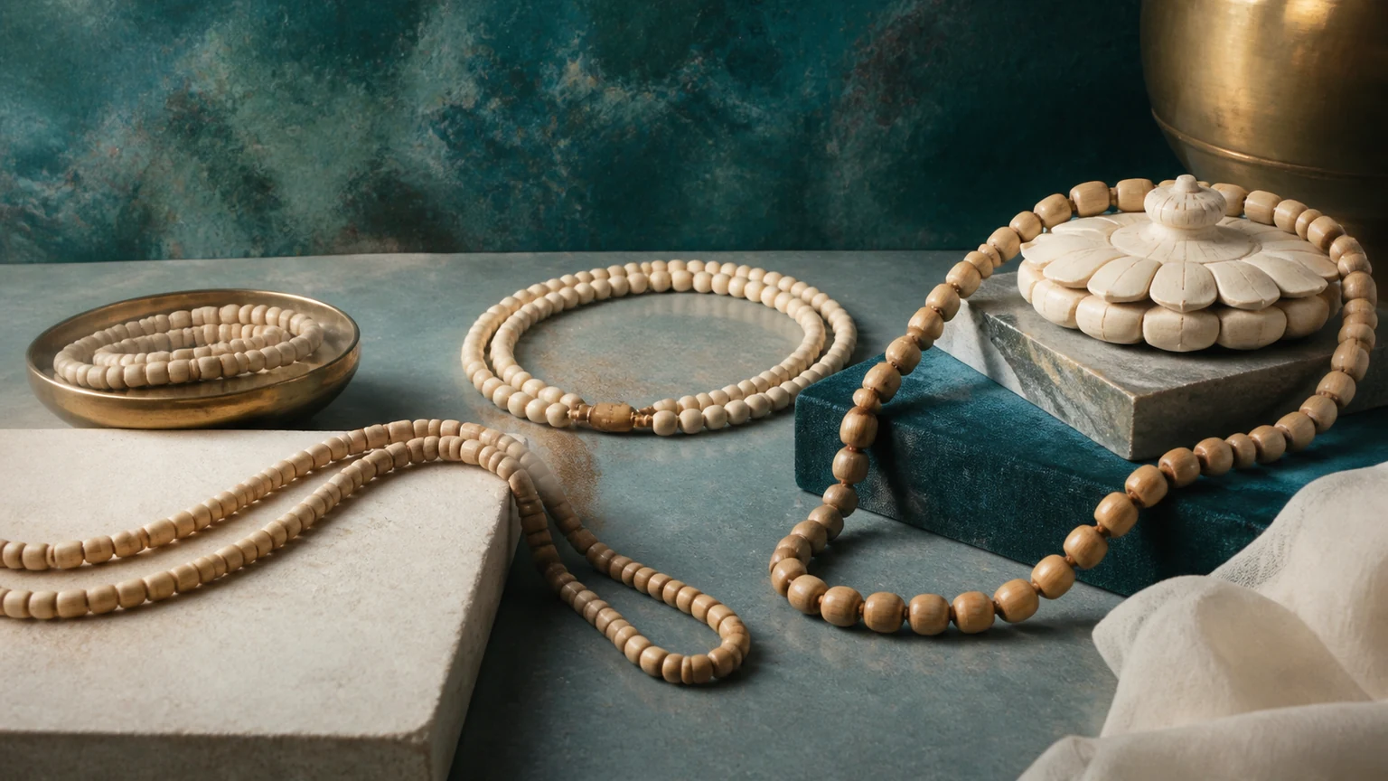 Several pale Tulsi bead forms arranged as a visual material glossary