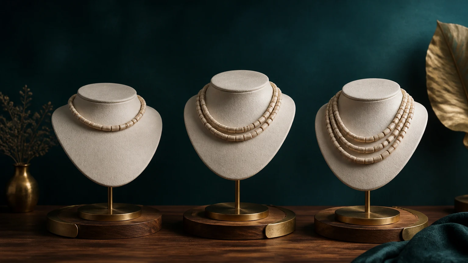 One-, two-, and three-row kanthi malas displayed on three abstract jewelry stands