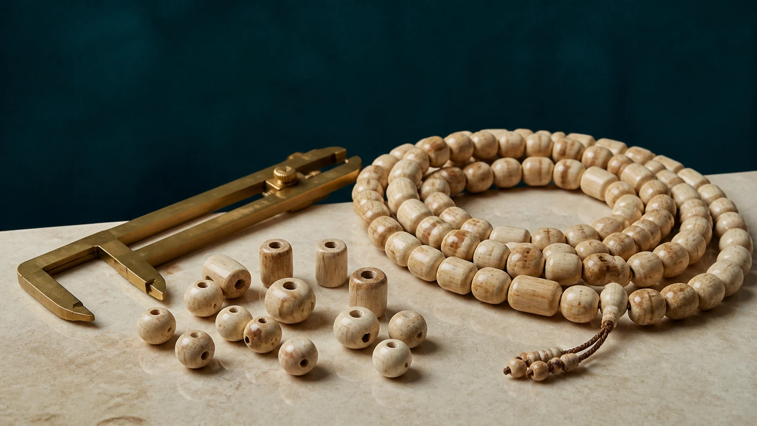 Round and barrel-shaped Tulsi beads beside an unnumbered brass caliper