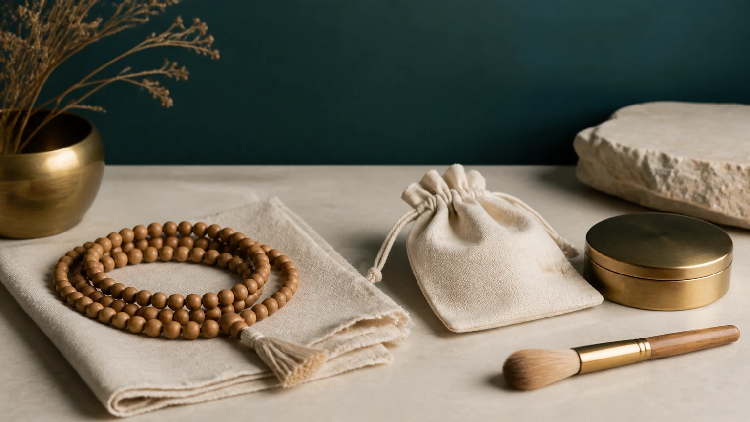 Tulsi beads beside a dry cloth, soft brush, cotton pouch, and closed storage case