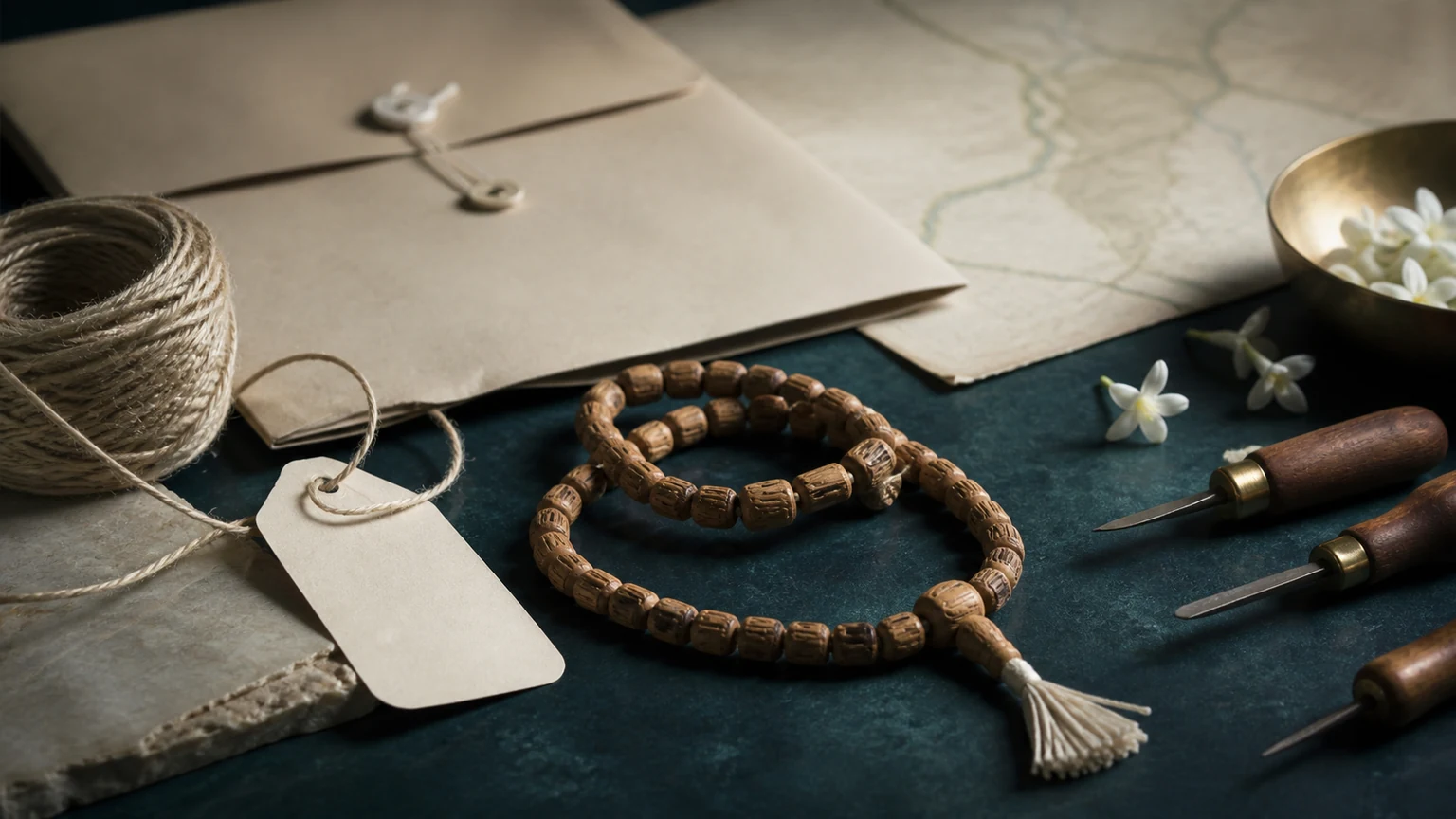 Tulsi beads, hand tools, shipping twine, a blank tag, and an unlabeled map texture