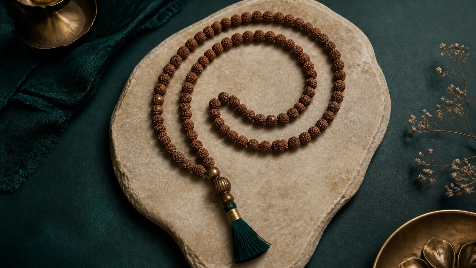 A mala with visually distinct guru bead, markers, cord, and tassel shown without labels