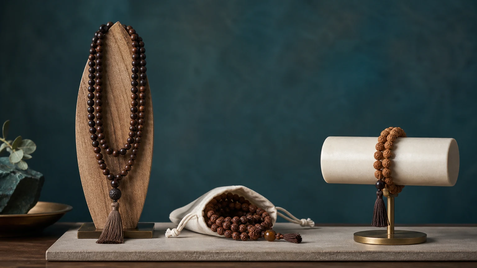 Full, pocket, and wrist mala formats displayed together at one consistent scale