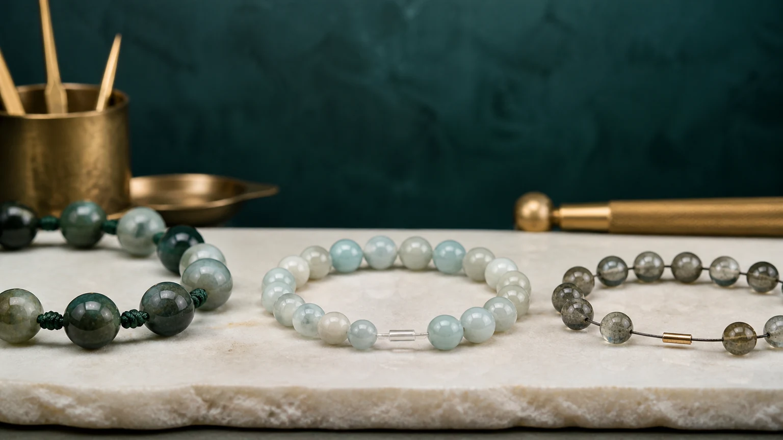 Three macro mala samples on knotted cord, elastic, and beading wire