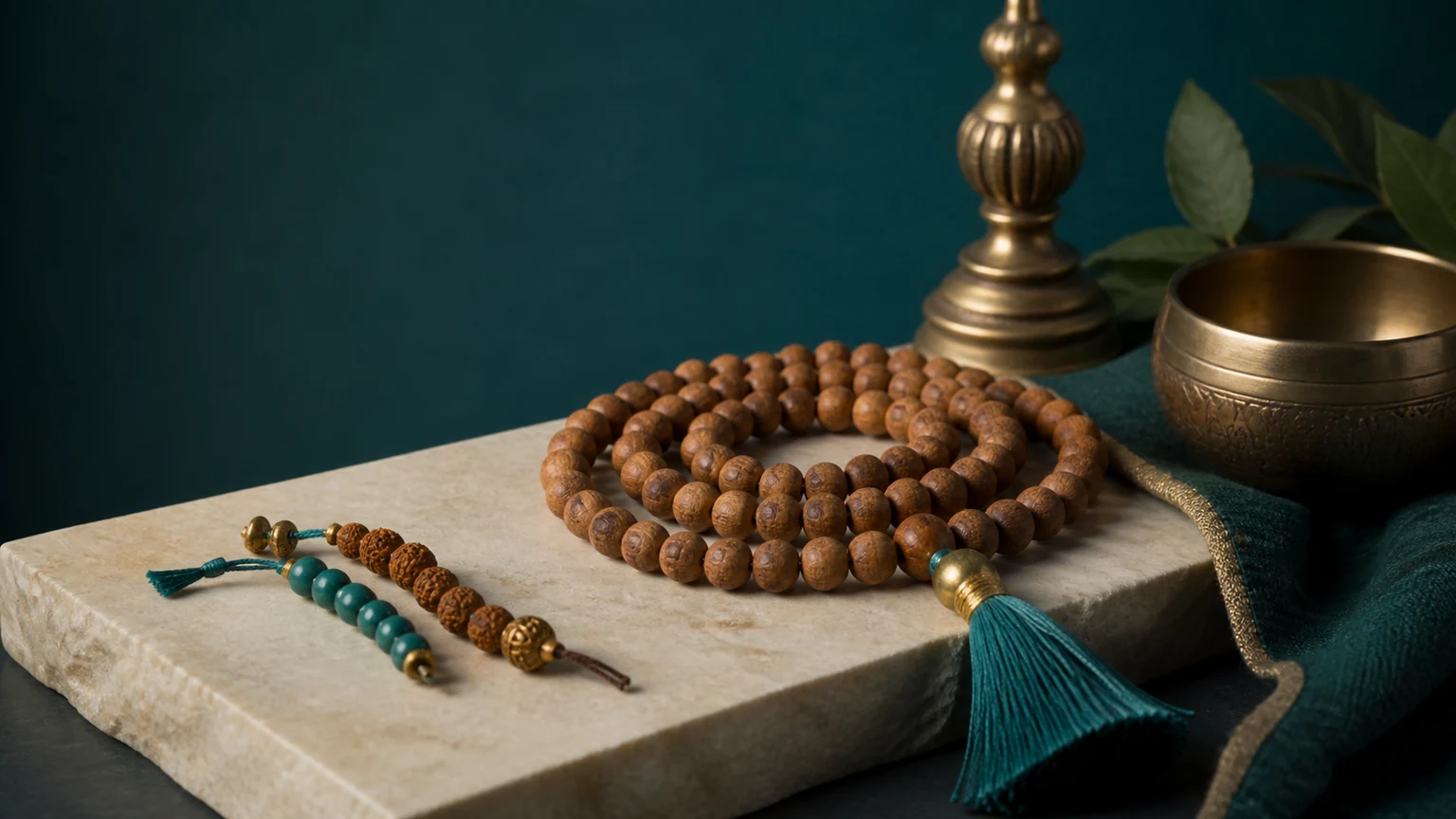 Hands demonstrating a counter strand and round markers beside a mala