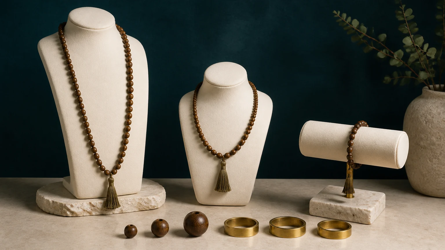 A mala, ruler, and flexible tape for measuring strand length and wrist fit