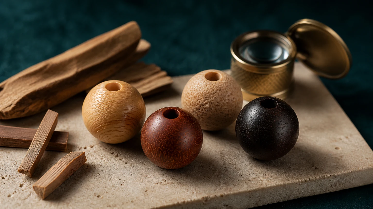 Four documented wood bead samples photographed under identical lighting