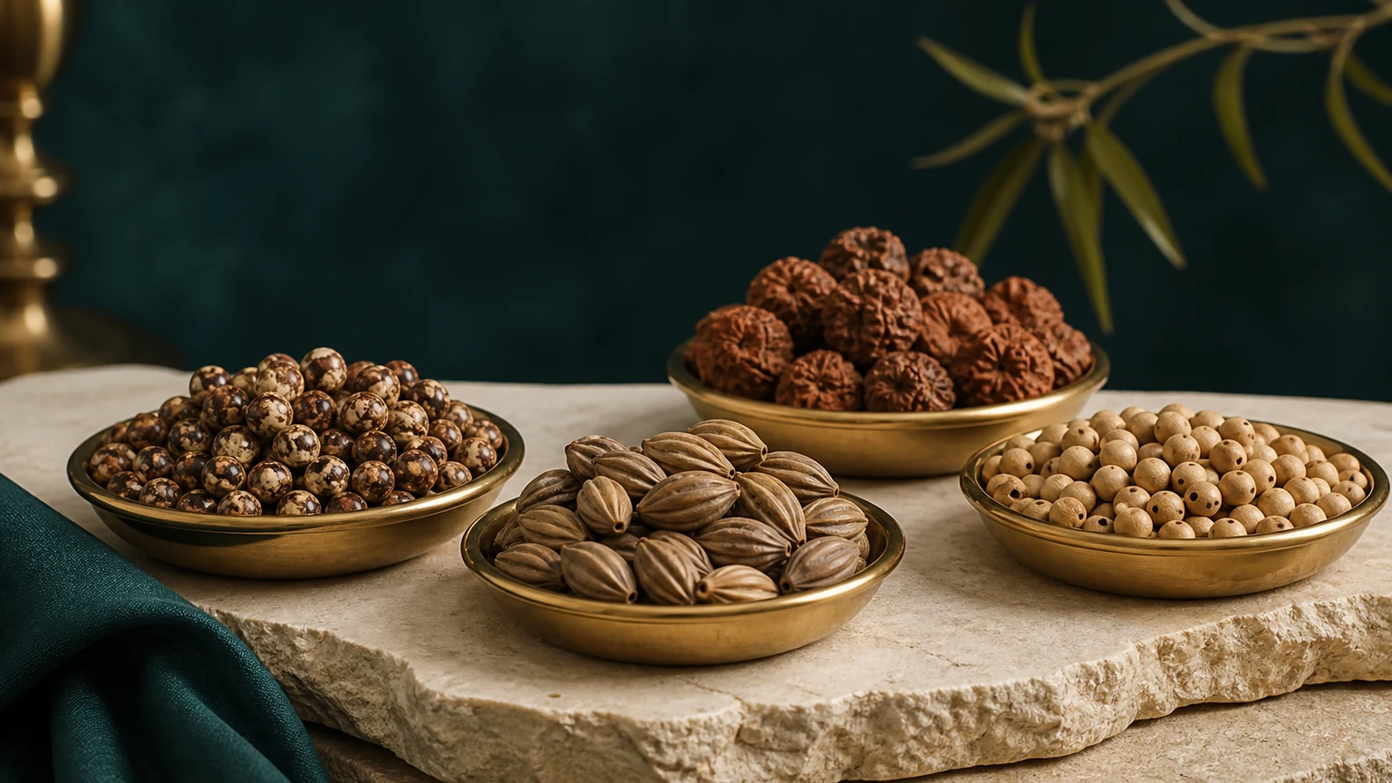 Macro comparison of documented bodhi, lotus, rudraksha, and tulsi bead materials