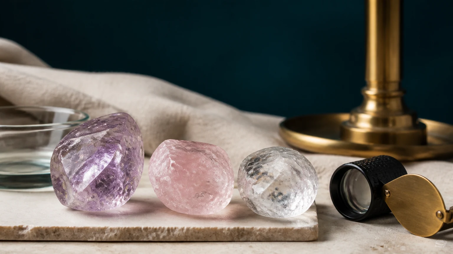 Amethyst, rose quartz, and clear quartz under neutral and transmitted light