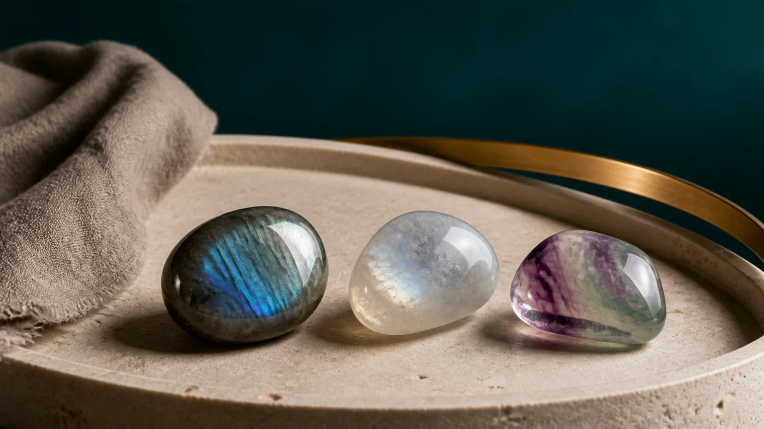 Labradorite, moonstone, and fluorite photographed at controlled light angles