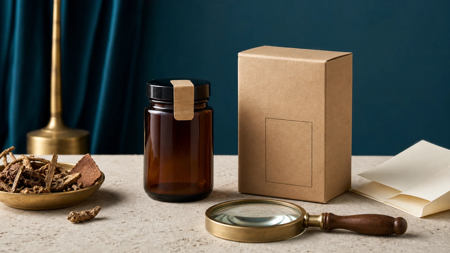 An anonymized Ayurvedic product package beside a magnifier and blank label-field cards