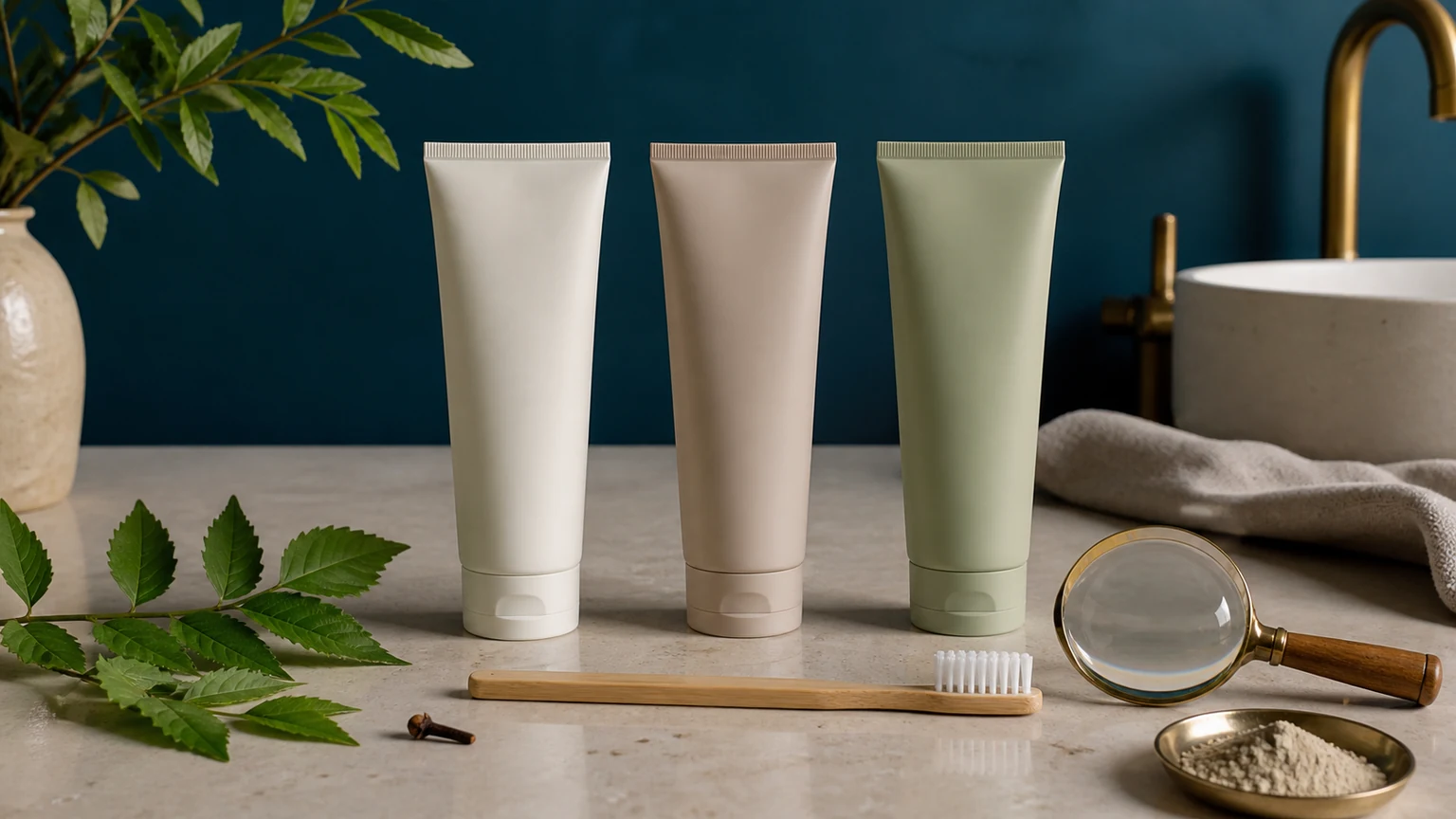 Three unbranded toothpaste tubes, a toothbrush, and a magnifier without health claims