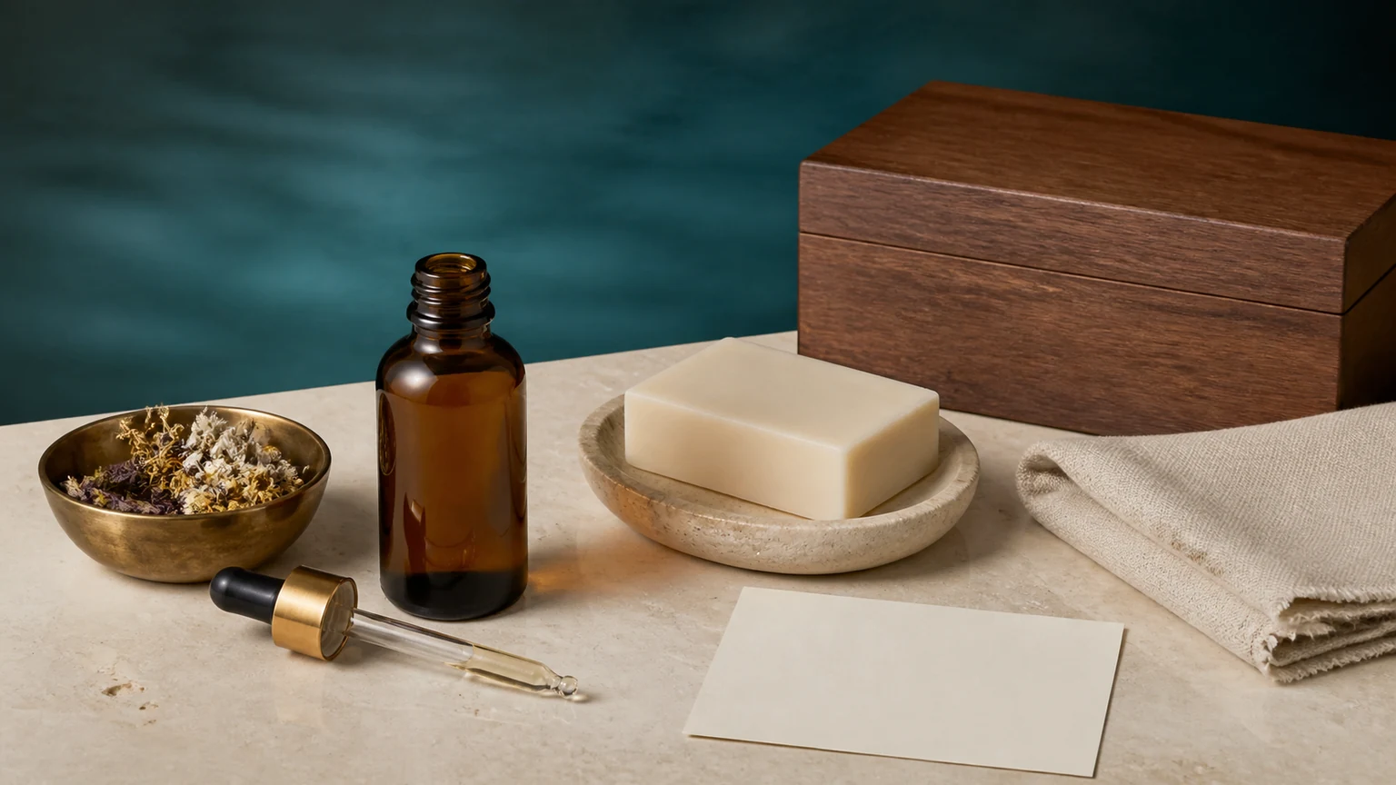 An unbranded care-oil bottle, bar of soap, dry cloth, and closed storage box