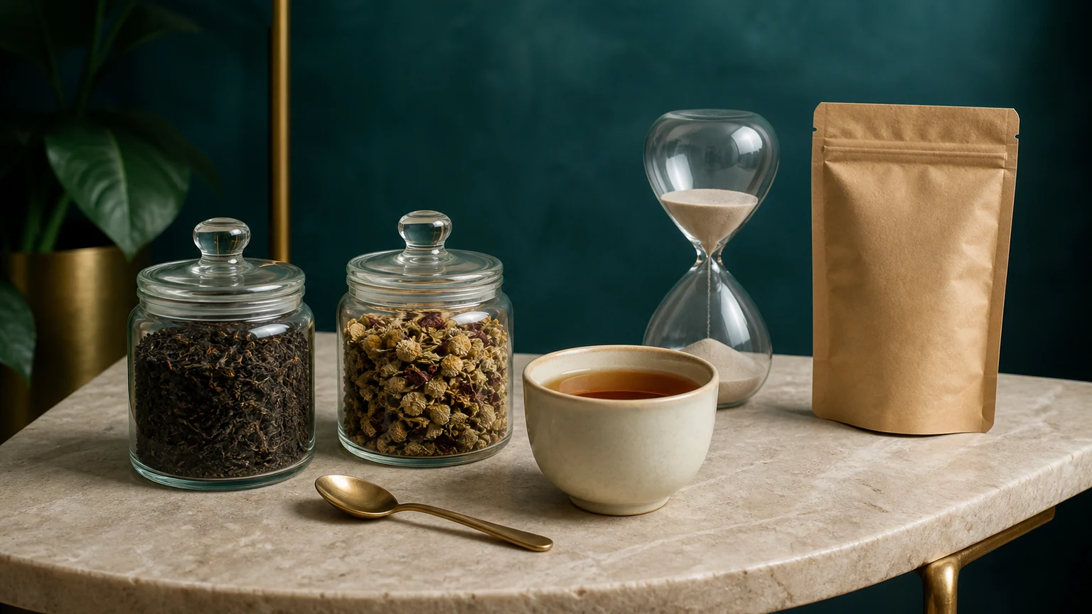 Dry tea leaves and herbs in separate jars beside a cup, spoon, and sealed pouch