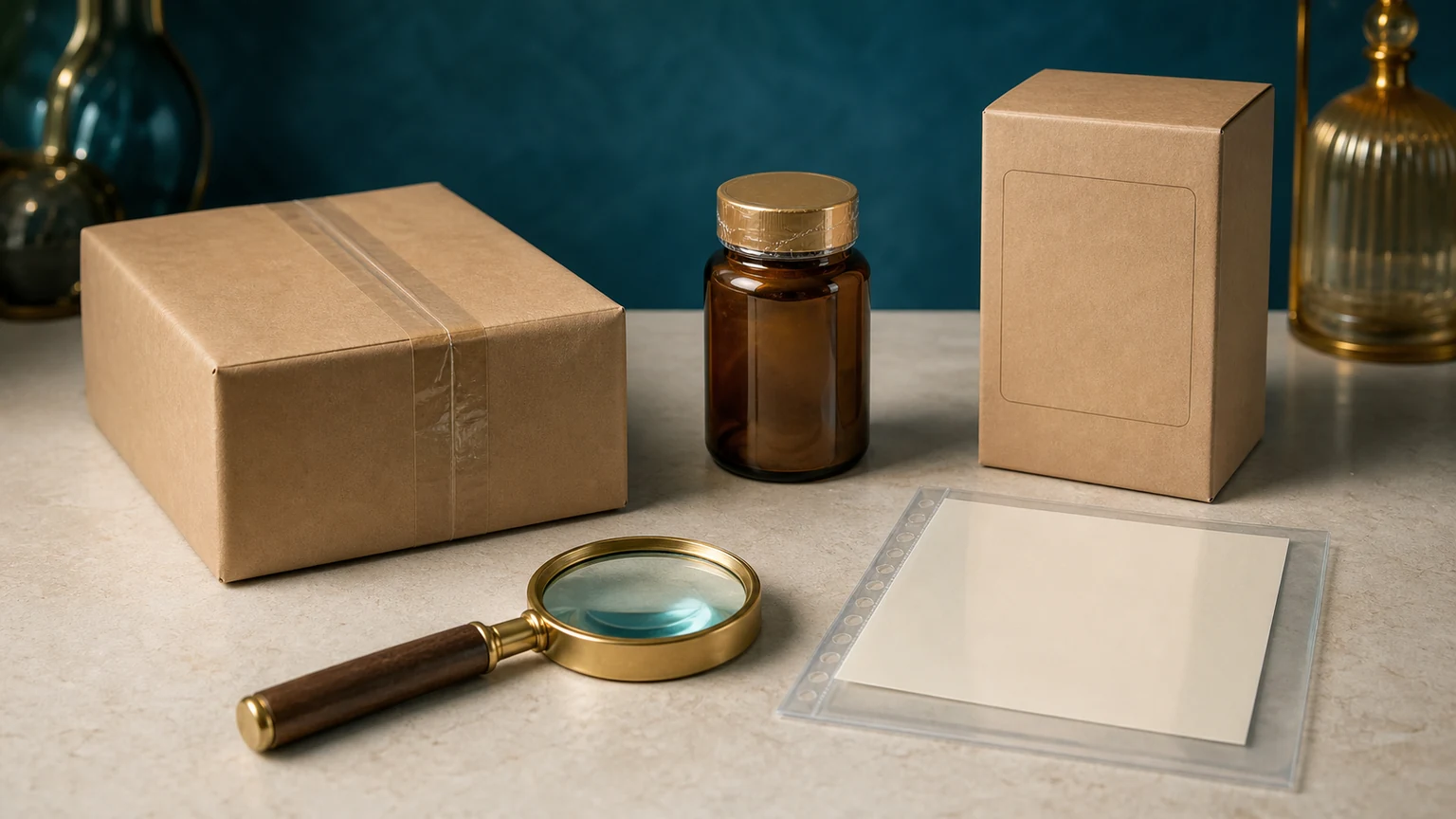 A sealed unbranded package, blank batch field, magnifier, and document sleeve for an order check