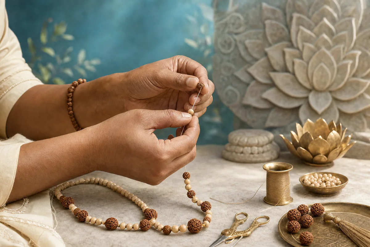 A mala handcrafted from rudraksha and natural beads
